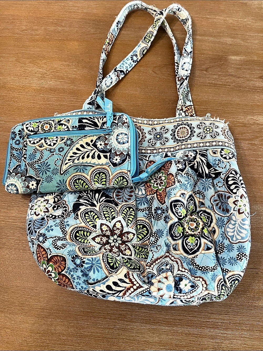 Vera Bradley Blue Lagoon Tote Bag with Matching Wallet Set